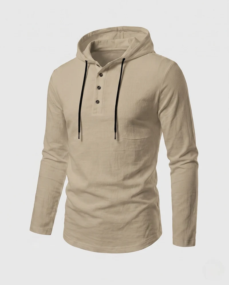 Herren Langarm-Hoodie mit Henley-Knopfleiste und Kordelzug
