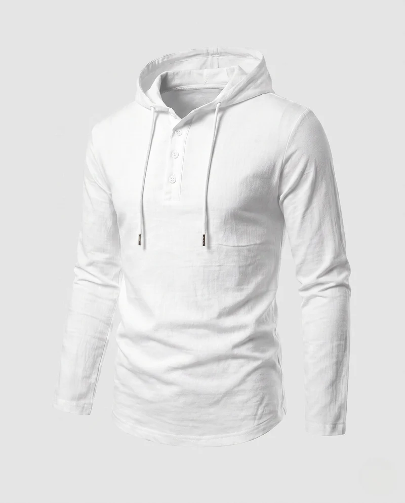 Herren Langarm-Hoodie mit Henley-Knopfleiste und Kordelzug