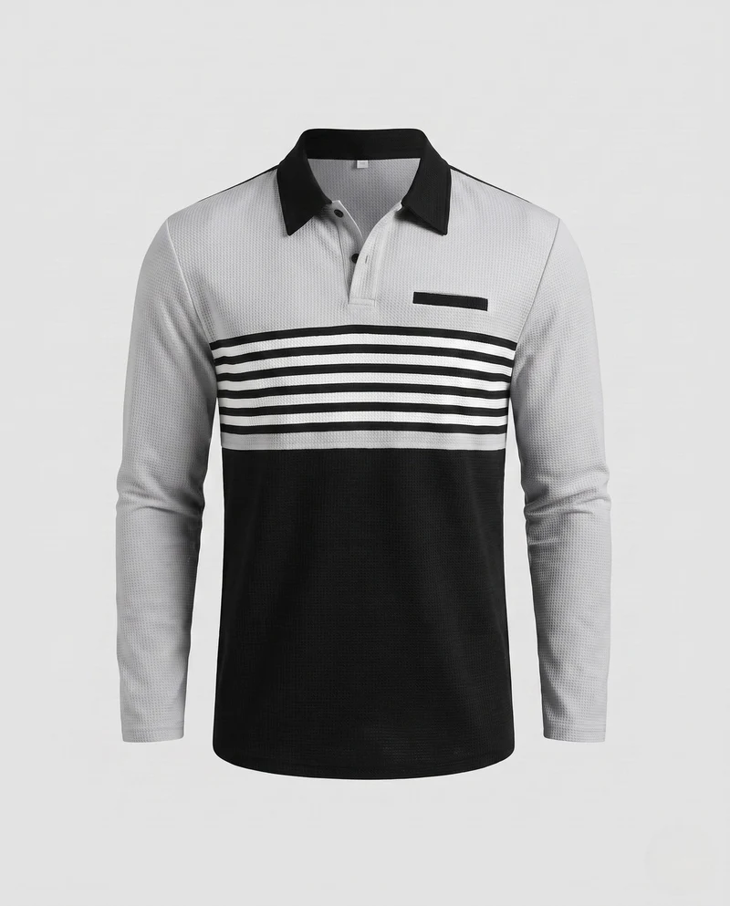 Herren Langarm-Polo mit Waffelstruktur, Kontraststreifen und Brusttasche.