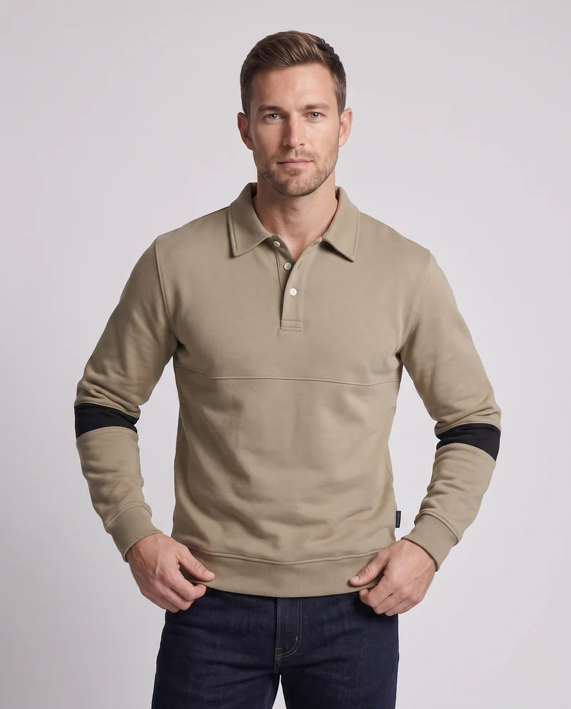 Herren Langarm Polo Sweatshirt im lässigen Look mit Knopfleiste & Kontraststreifen an den Ärmeln