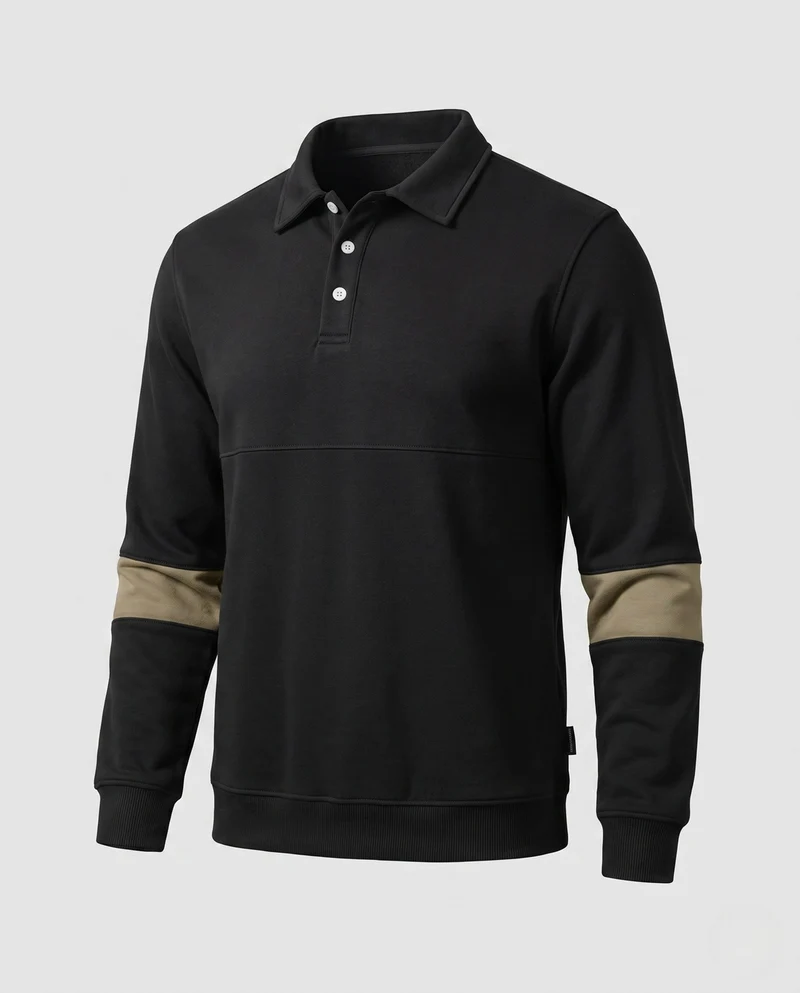 Herren Langarm Polo Sweatshirt im lässigen Look mit Knopfleiste & Kontraststreifen an den Ärmeln