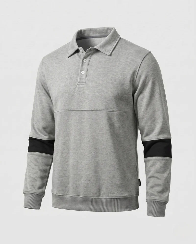 Herren Langarm Polo Sweatshirt im lässigen Look mit Knopfleiste & Kontraststreifen an den Ärmeln