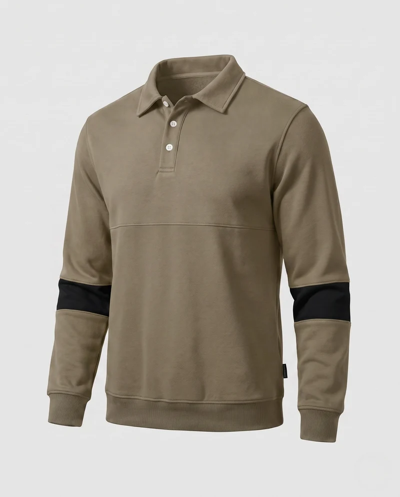 Herren Langarm Polo Sweatshirt im lässigen Look mit Knopfleiste & Kontraststreifen an den Ärmeln
