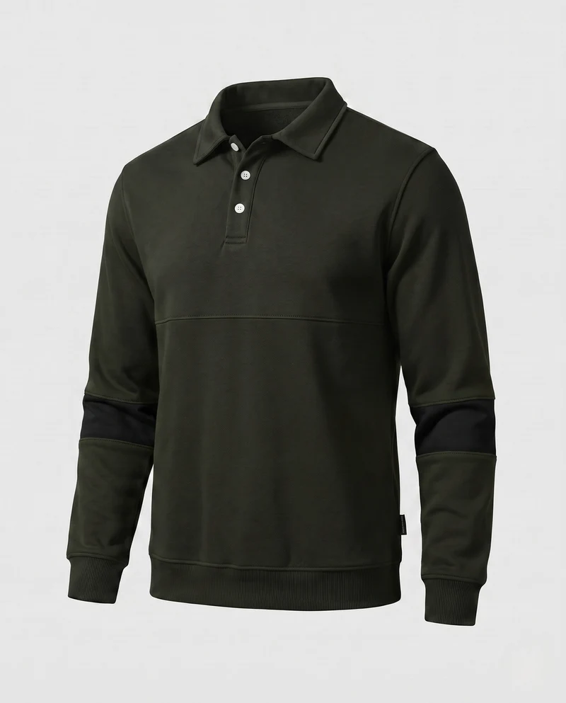 Herren Langarm Polo Sweatshirt im lässigen Look mit Knopfleiste & Kontraststreifen an den Ärmeln