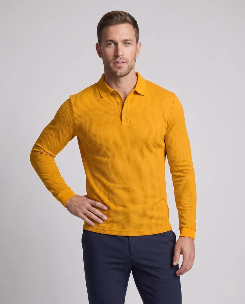 Herren Langarm-Polohemd mit Henley-Knopfleiste und feiner Waffeltextur