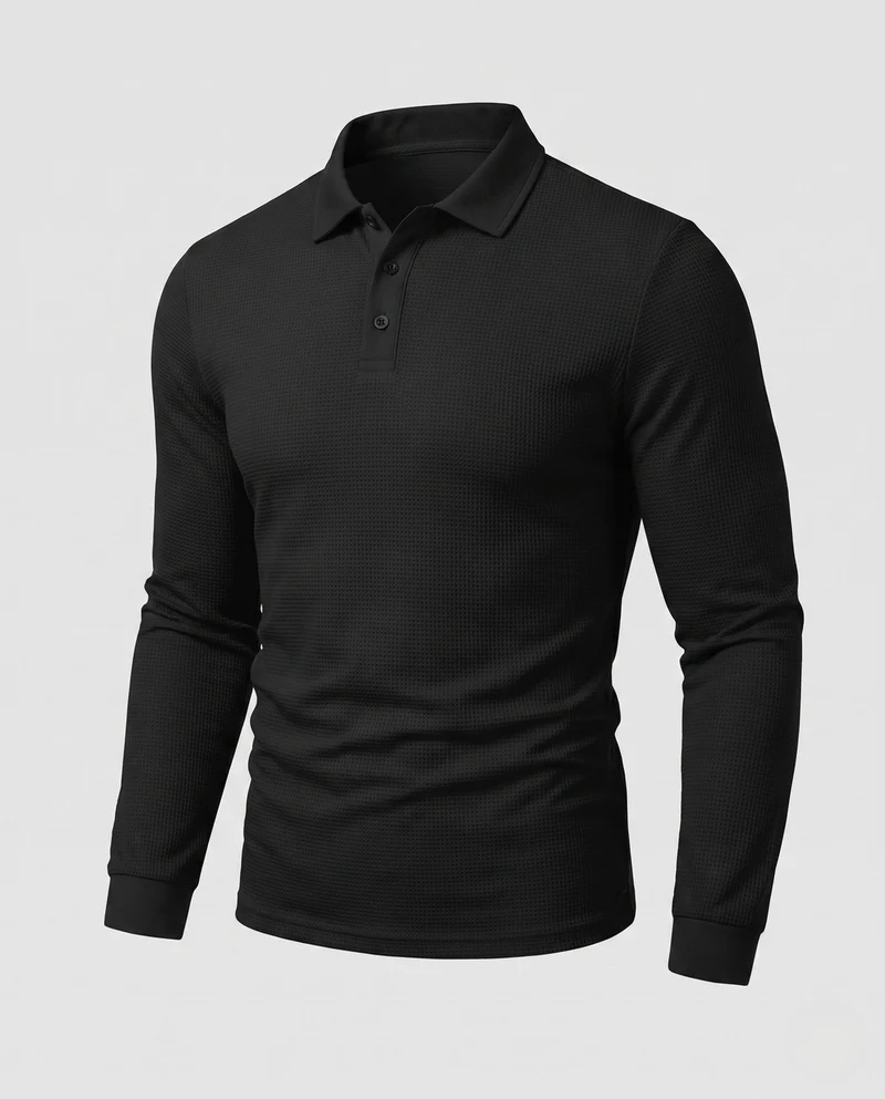 Herren Langarm-Polohemd mit Henley-Knopfleiste und feiner Waffeltextur
