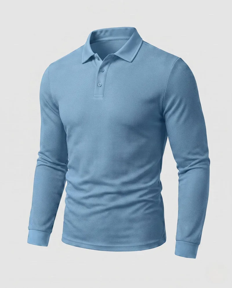 Herren Langarm-Polohemd mit Henley-Knopfleiste und feiner Waffeltextur