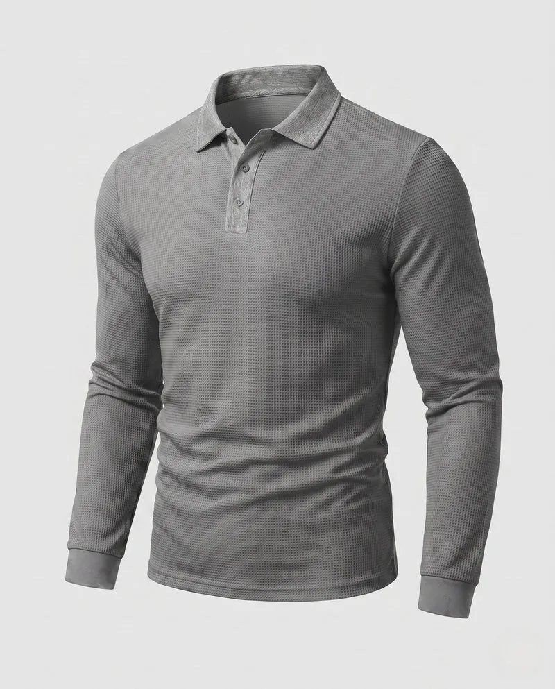 Herren Langarm-Polohemd mit Henley-Knopfleiste und feiner Waffeltextur