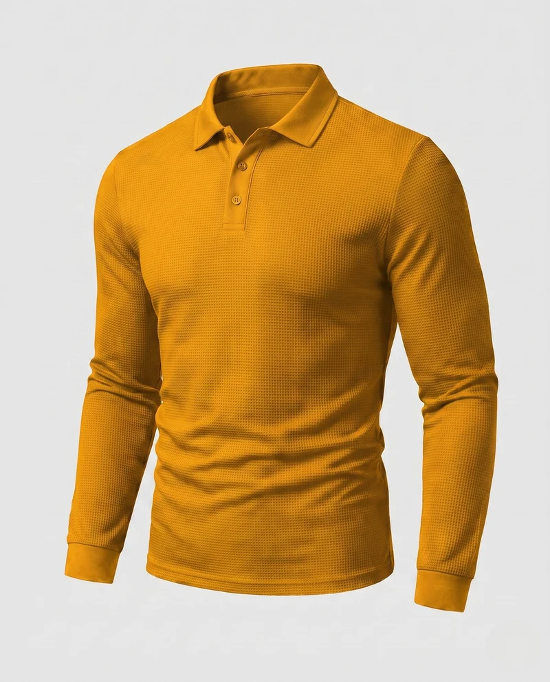 Herren Langarm-Polohemd mit Henley-Knopfleiste und feiner Waffeltextur