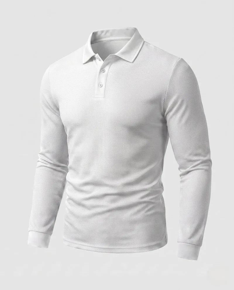 Herren Langarm-Polohemd mit Henley-Knopfleiste und feiner Waffeltextur