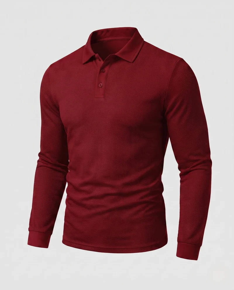 Herren Langarm-Polohemd mit Henley-Knopfleiste und feiner Waffeltextur