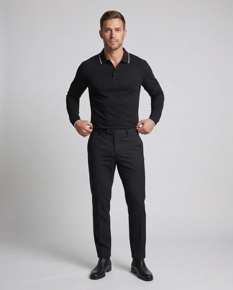 Herren Langarm-Polohemd aus Stretch-Piqué mit Slim Fit und Kontrastpipingen