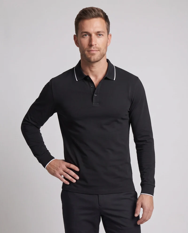 Herren Langarm-Polohemd aus Stretch-Piqué mit Slim Fit und Kontrastpipingen