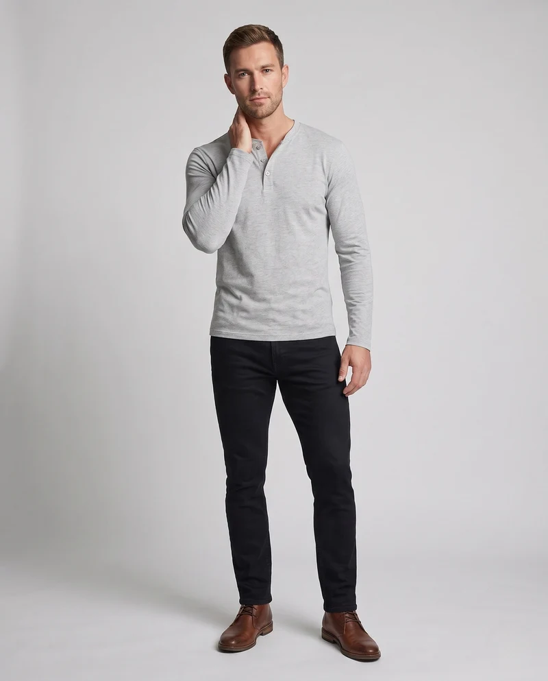 Herren Langarm-Henley-Shirt aus Stretch-Jersey mit Stehkragen & Slim Fit