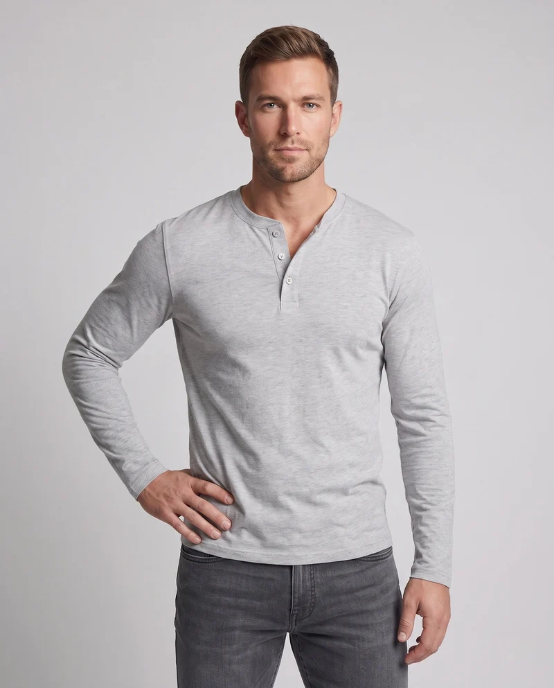 Herren Langarm-Henley-Shirt aus Stretch-Jersey mit Stehkragen & Slim Fit