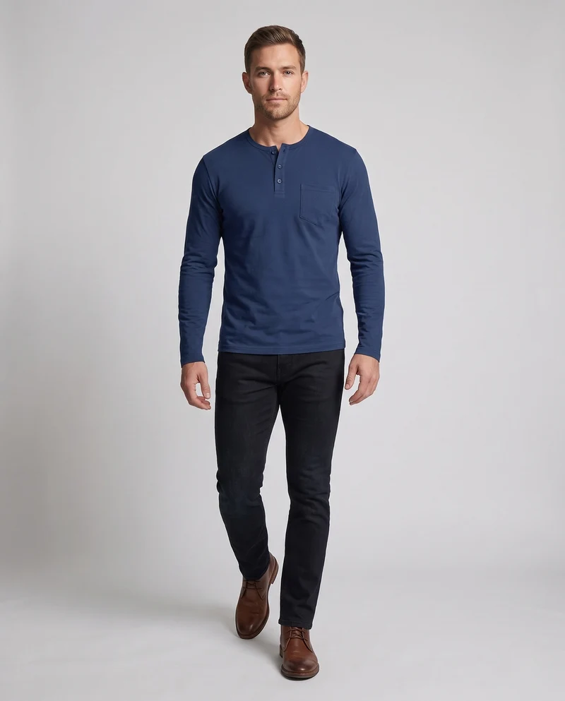 Herren Langarm-Henley-Shirt mit Brusttasche aus Baumwoll-Jersey