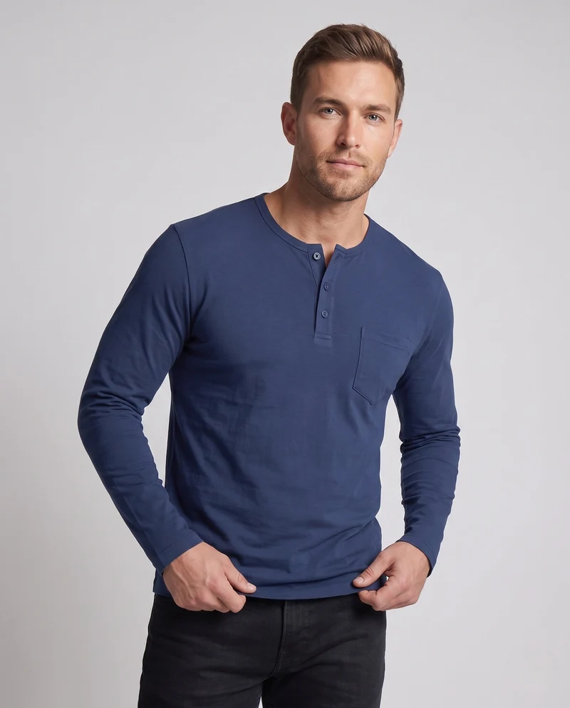 Herren Langarm-Henley-Shirt mit Brusttasche aus Baumwoll-Jersey