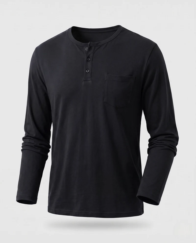 Herren Langarm-Henley-Shirt mit Brusttasche aus Baumwoll-Jersey