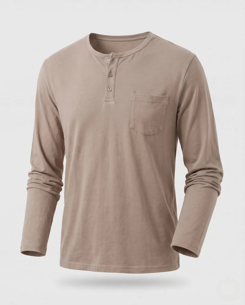 Herren Langarm-Henley-Shirt mit Brusttasche aus Baumwoll-Jersey