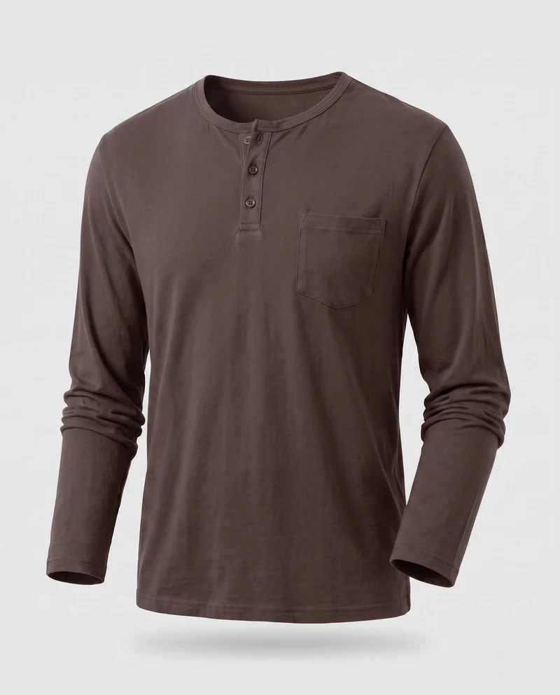 Herren Langarm-Henley-Shirt mit Brusttasche aus Baumwoll-Jersey