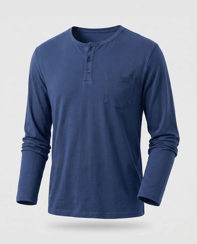 Herren Langarm-Henley-Shirt mit Brusttasche aus Baumwoll-Jersey