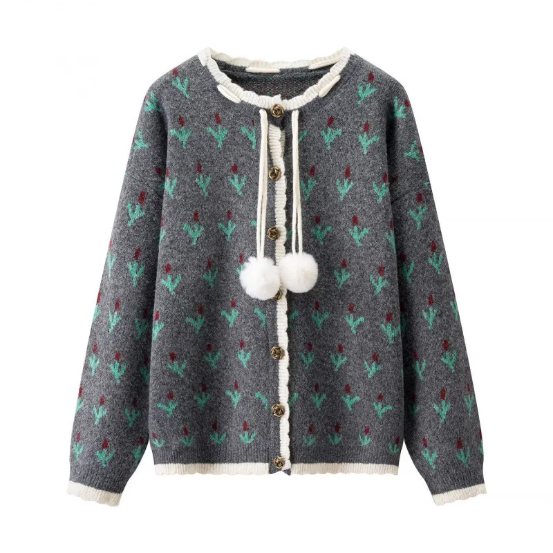 Damen Zweiteiliges Strickset mit gemustertem Cardigan, Pomponbändern und Midirock Drune