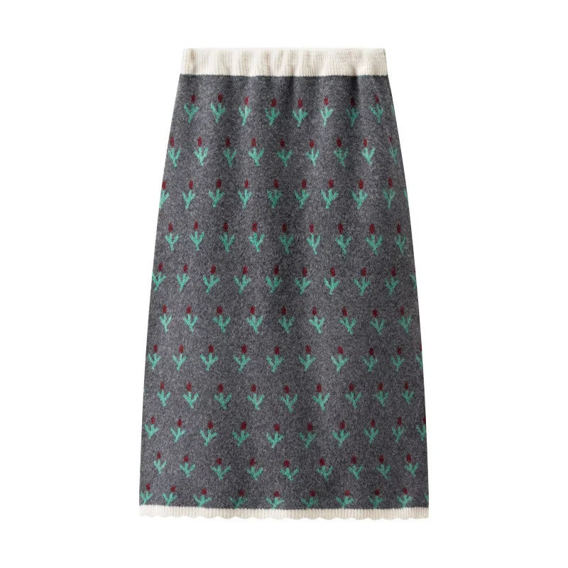 Damen Zweiteiliges Strickset mit gemustertem Cardigan, Pomponbändern und Midirock Drune
