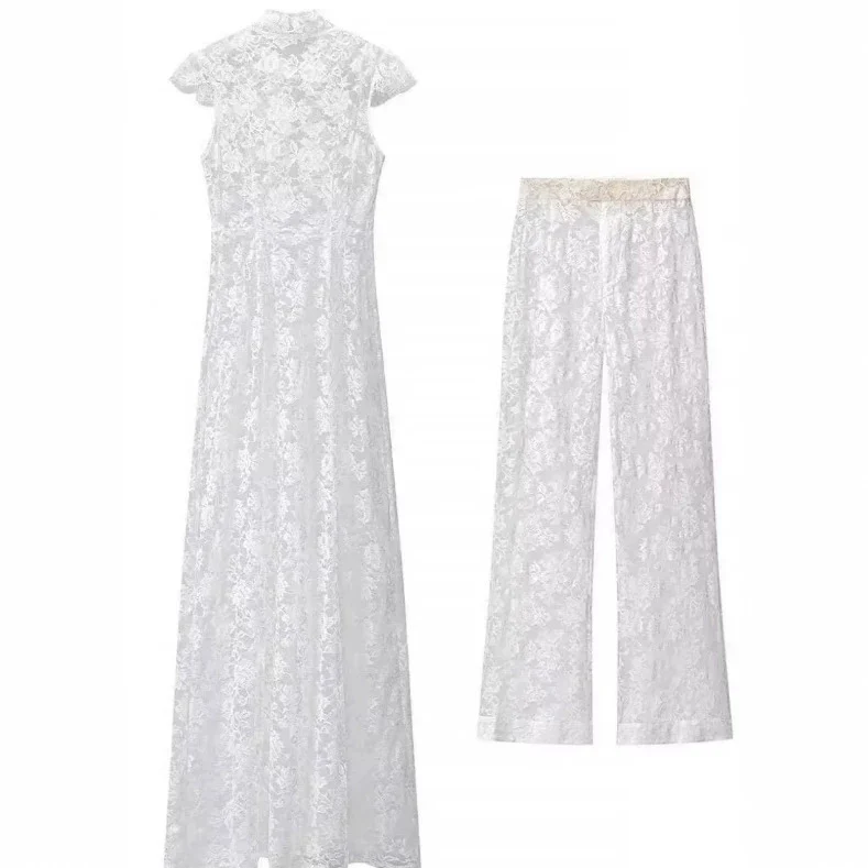 Damen Zweiteiliges Spitzenset mit Stehkragen‑Maxikleid und weiter Spitzenhose Drune
