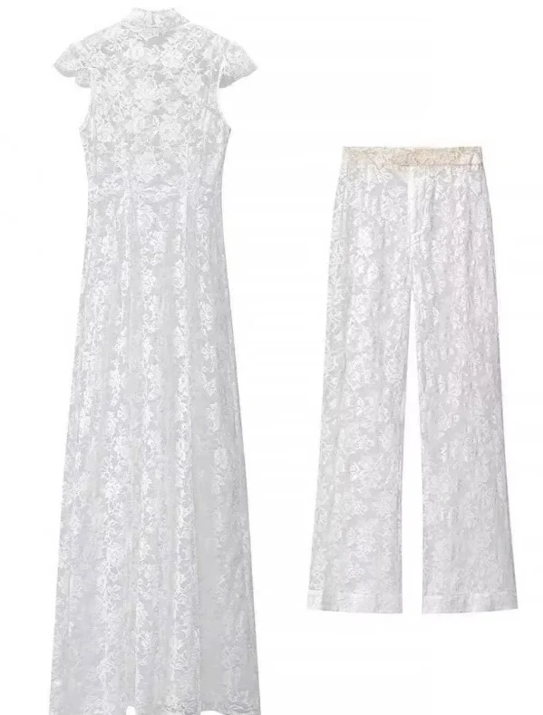 Damen Zweiteiliges Spitzenset mit Stehkragen‑Maxikleid und weiter Spitzenhose Drune