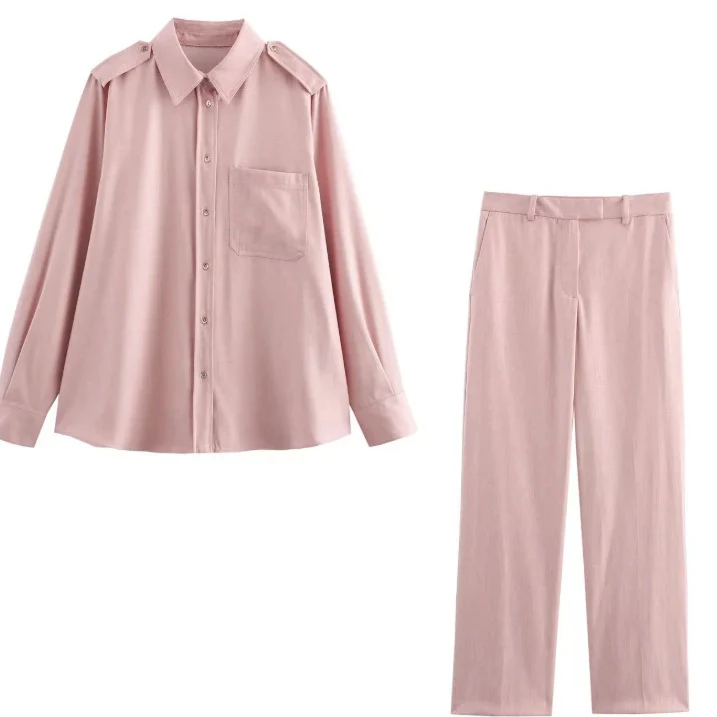 Damen Zweiteiliges Set mit lockerem Hemd und gerade geschnittener Highwaist‑Hose Drune