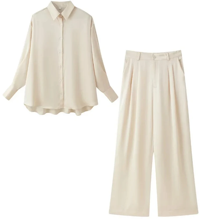 Damen Zweiteiliges seidig‑fließendes Lounge‑Set mit Oversize‑Hemd und hochtaillierter Hose mit weitem Bein Drune