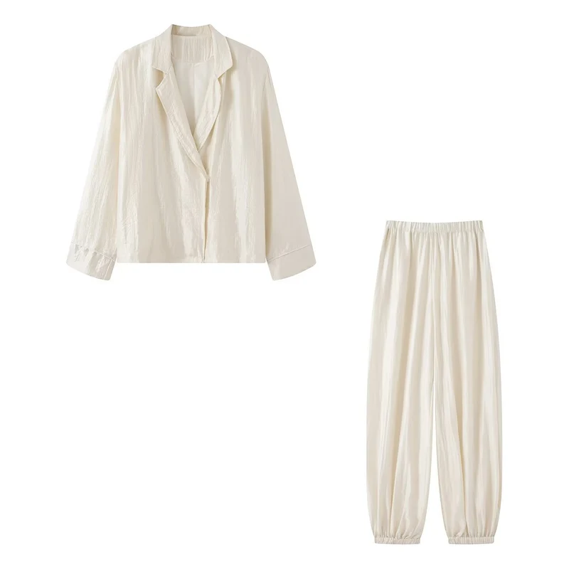 Damen Zweiteiliges Satin-Pyjama-Set mit Blazer-Oberteil und elastischer Bundhose Drune