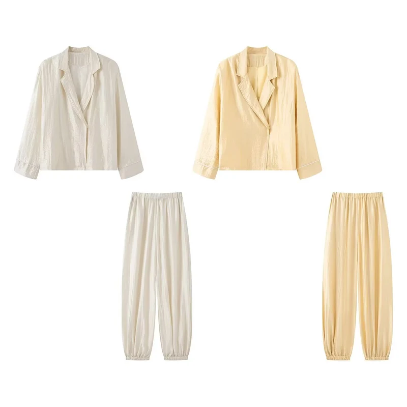 Damen Zweiteiliges Satin-Pyjama-Set mit Blazer-Oberteil und elastischer Bundhose Drune