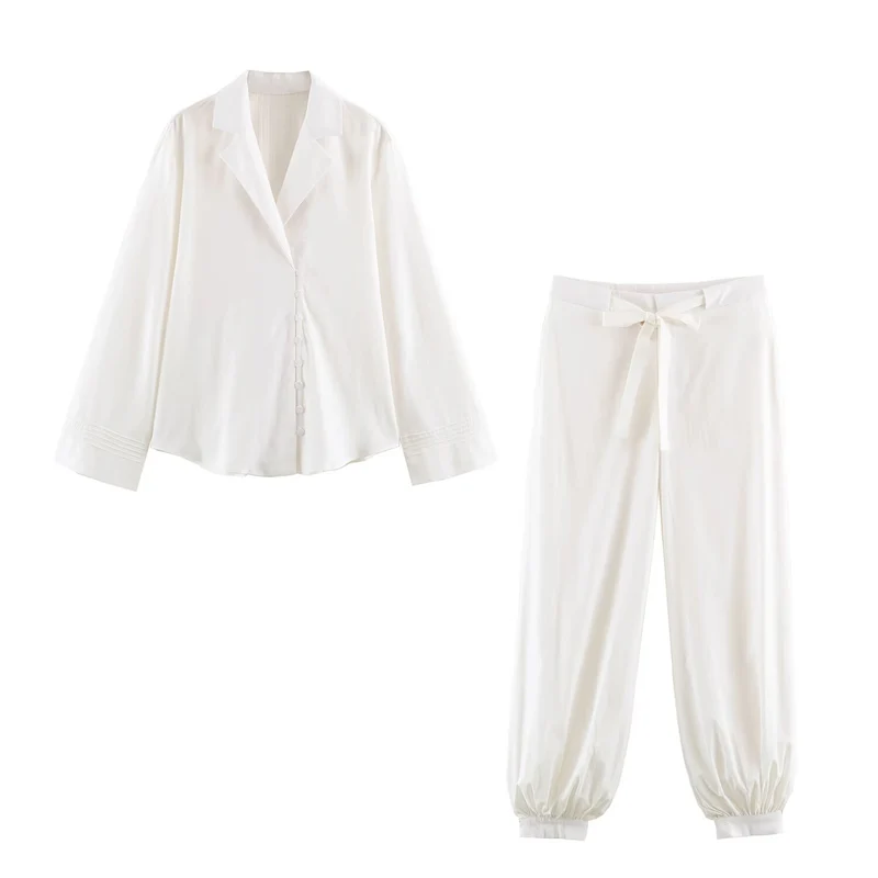 Damen Zweiteiliges Satin‑Loungewear‑Set mit Hemdbluse und taillierter Tunnelzughose Drune