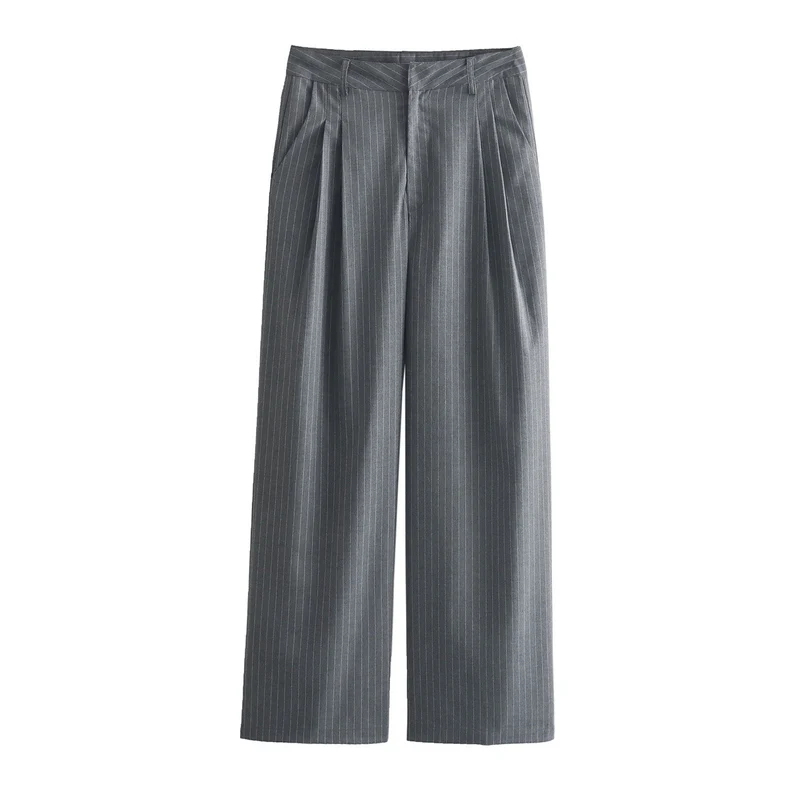 Damen Zweiteiliges Nadelstreifen-Anzugset mit kurzem Knopfblouson und hochtaillierter Faltenhose Drune