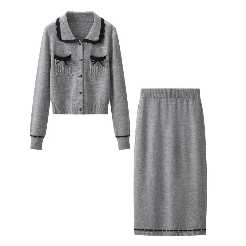 Damen Zweiteiliges Feinstrick‑Set mit kurzgeschnittenem Rüschen‑Cardigan und High‑Waist Bleistiftrock Drune