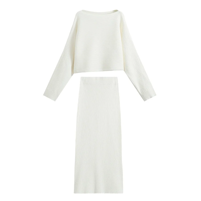 Damen Zweiteiliger gerippter Strick‑Set mit Cropped‑Pullover und Midirock Drune