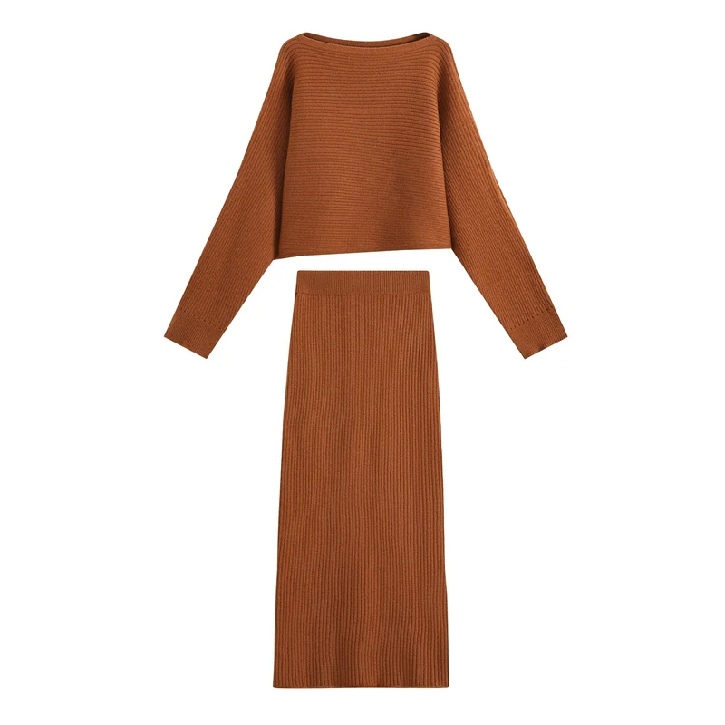 Damen Zweiteiliger gerippter Strick‑Set mit Cropped‑Pullover und Midirock Drune