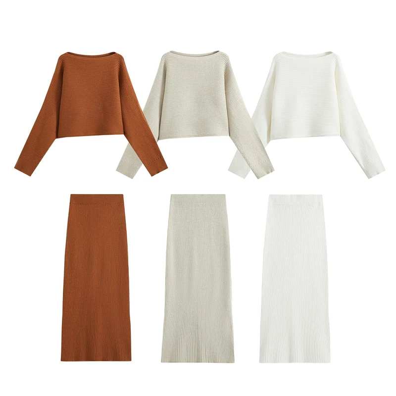 Damen Zweiteiliger gerippter Strick‑Set mit Cropped‑Pullover und Midirock Drune