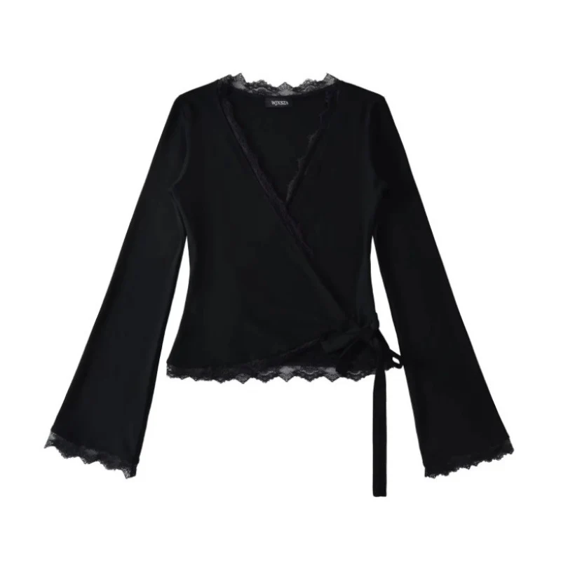 Damen Wickelshirt mit Spitzenbesatz und ausgestellten Ärmeln Drune