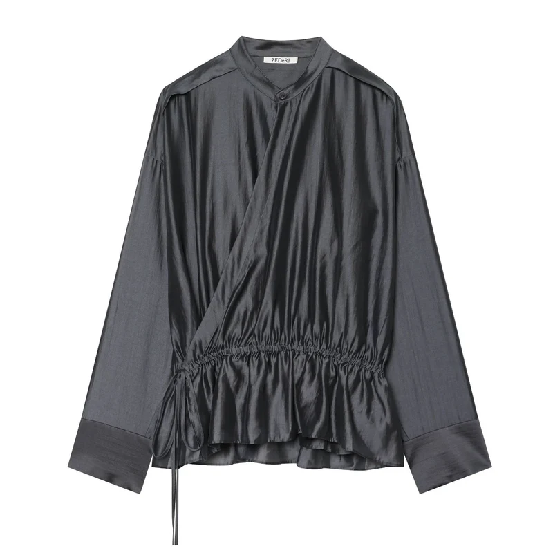 Damen Wickelbluse mit Tunnelzug‑Taillierung und Stehkragen Drune