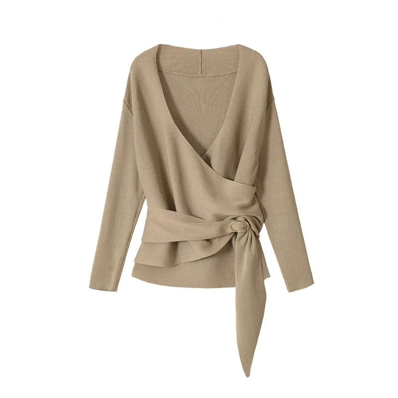 Damen Wickel-Strickpullover mit tiefem V-Ausschnitt und Dekorativer Taillenbindung Drune