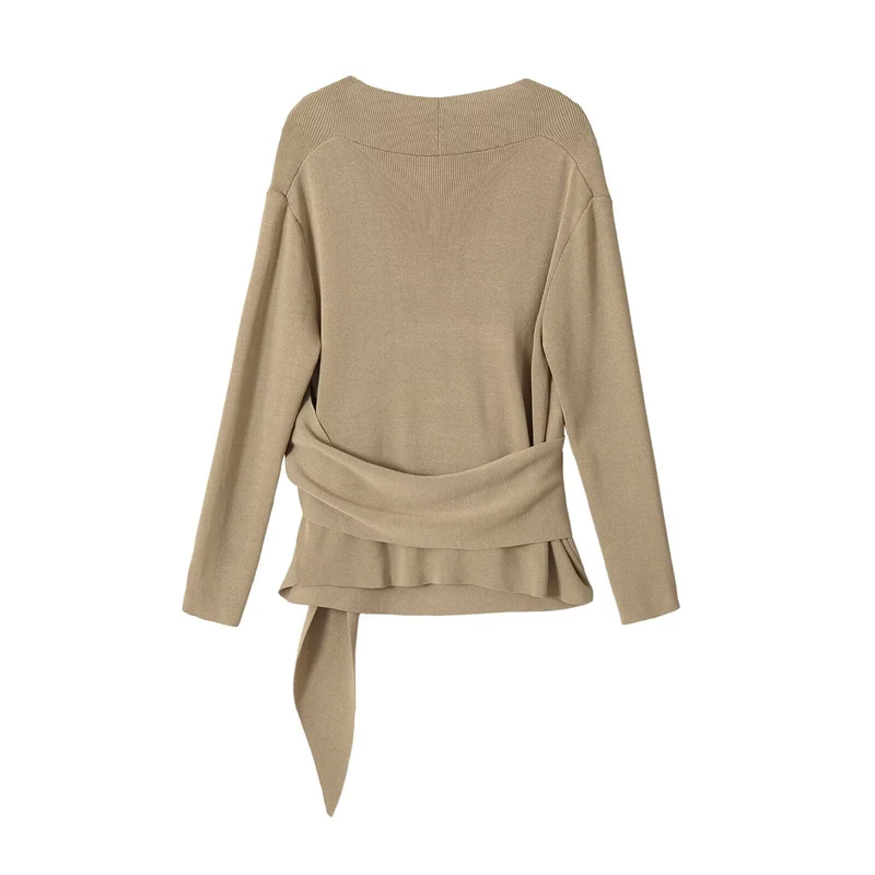 Damen Wickel-Strickpullover mit tiefem V-Ausschnitt und Dekorativer Taillenbindung Drune
