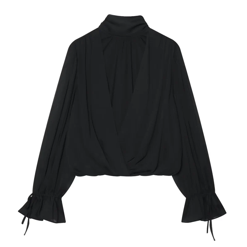 Damen Wickel-Cropped-Bluse mit Stehkragen und Volumenärmeln Drune