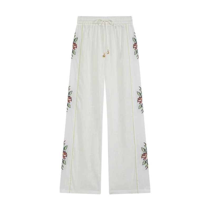 Damen Weite Leinen‑Optik Hose mit Tunnelzugbund und seitlicher Blumenstickerei Drune