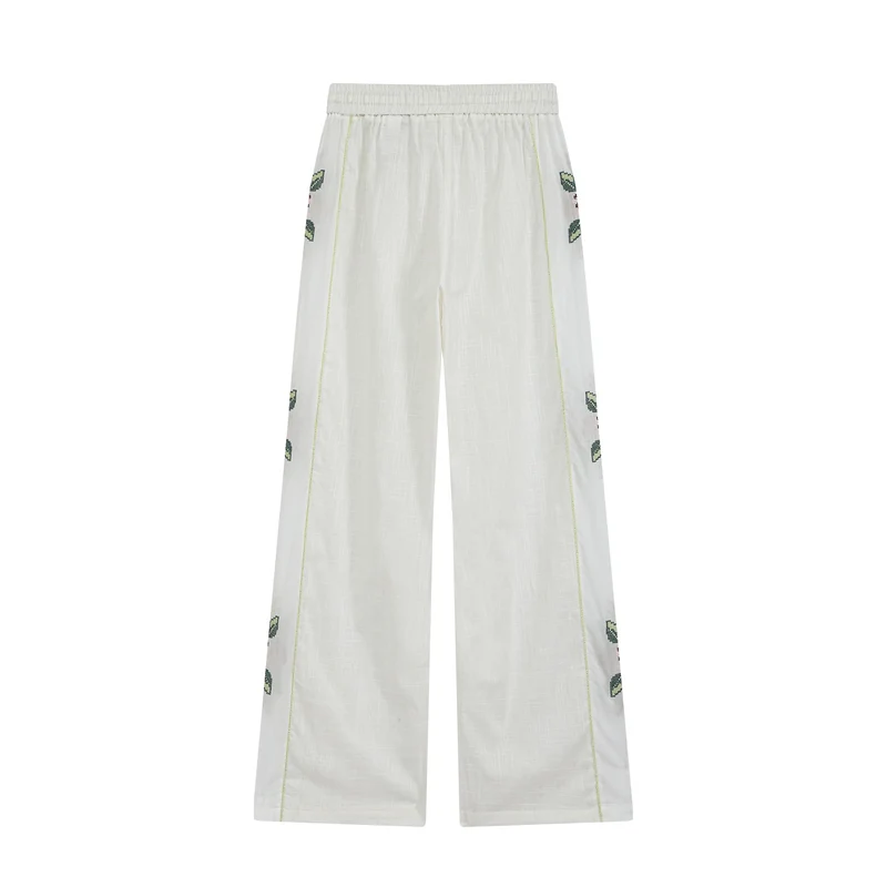 Damen Weite Leinen‑Optik Hose mit Tunnelzugbund und seitlicher Blumenstickerei Drune