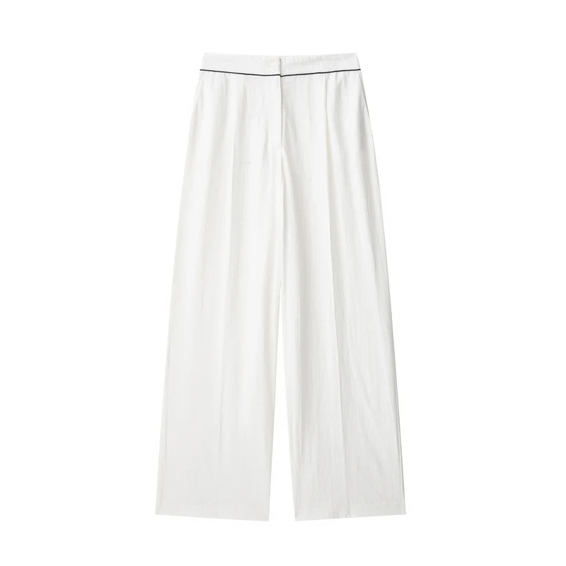 Damen Weite hochtaillierte Leinenmix‑Hose mit Cropped‑Bein und kontrastierender Bundpaspel Drune