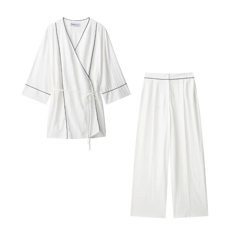 Damen Weite hochtaillierte Leinenmix‑Hose mit Cropped‑Bein und kontrastierender Bundpaspel Drune