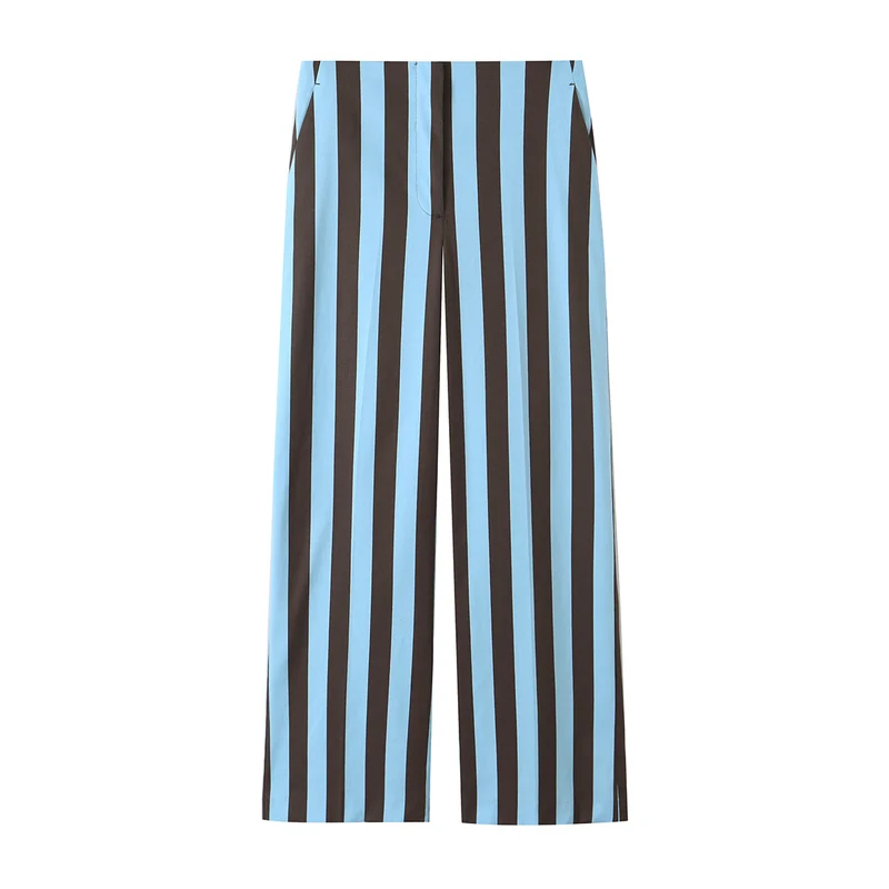 Damen Weite High‑Waist Palazzohose mit vertikaler Streifenoptik und geradem Bein Drune