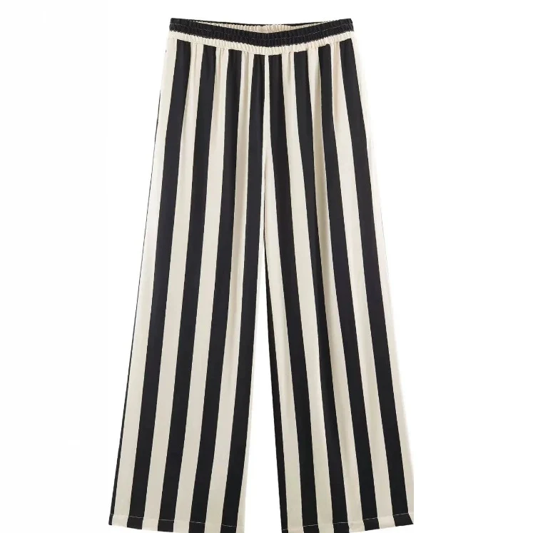 Damen Weite High‑Waist Palazzohose mit vertikalem Streifenmuster und elastischem Bund Drune